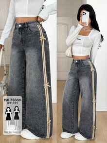 SHEIN PETITE 女款鈕扣半開襟雙口袋側邊蝴蝶結裝飾休閒時尚牛仔褲 - 灰色 - 查看 8