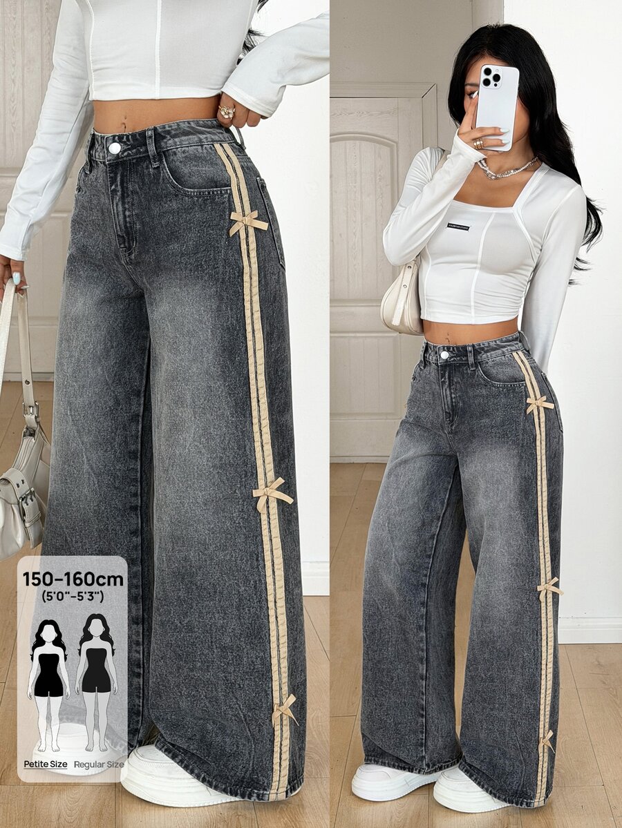 SHEIN PETITE Women's Button Half-Placket Double Pocket Side Ribbon Bow Decor Casual Fashion Jeans - Grey - View 1
