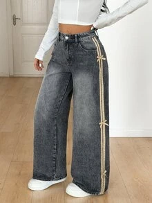 SHEIN PETITE 女款鈕扣半開襟雙口袋側邊蝴蝶結裝飾休閒時尚牛仔褲 - 灰色 - 查看 7