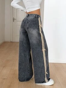 SHEIN PETITE 女款鈕扣半開襟雙口袋側邊蝴蝶結裝飾休閒時尚牛仔褲 - 灰色 - 查看 2