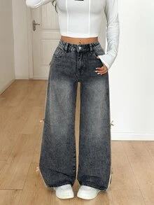SHEIN PETITE 女款鈕扣半開襟雙口袋側邊蝴蝶結裝飾休閒時尚牛仔褲 - 灰色 - 查看 3