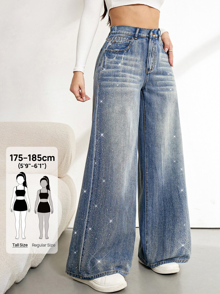 SHEIN Tall 女款高腰寬腿牛仔褲 - 藍色 - 查看 1