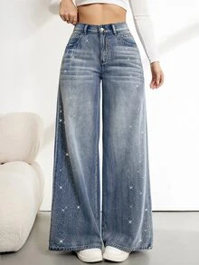 SHEIN Tall 女款高腰寬腿牛仔褲 - 藍色 - 查看 3