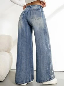 SHEIN Tall 女款高腰寬腿牛仔褲 - 藍色 - 查看 2