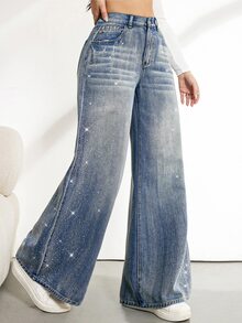 SHEIN Tall 女款高腰寬腿牛仔褲 - 藍色 - 查看 5