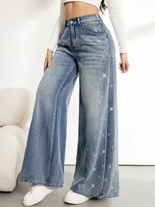 SHEIN Tall 女款高腰寬腿牛仔褲 - 藍色 - 查看 7