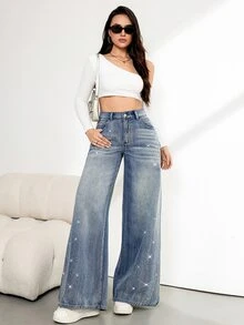 SHEIN Tall 女款高腰寬腿牛仔褲 - 藍色 - 查看 4