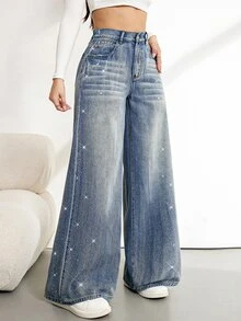 SHEIN Tall 女款高腰寬腿牛仔褲 - 藍色 - 查看 6