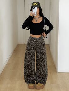 SHEIN PETITE Women's Thick Denim Asymmetrical Waist Loose Wide Leg Pants Blue - Brown - View 6