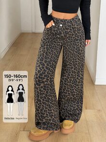 SHEIN PETITE Women's Thick Denim Asymmetrical Waist Loose Wide Leg Pants Blue - Brown - View 1