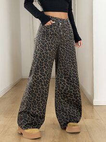 SHEIN PETITE Women's Thick Denim Asymmetrical Waist Loose Wide Leg Pants Blue - Brown - View 5