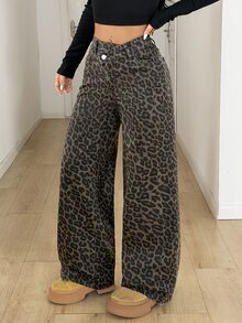 SHEIN PETITE Women's Thick Denim Asymmetrical Waist Loose Wide Leg Pants Blue - Brown - View 3