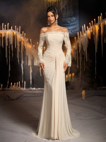 Glamrae Elegante e lussuoso abito da donna giallo pallido con bordo in pizzo, decorazione in perle, spalle scoperte, maniche lunghe a campana, corpetto e gonna con pieghe laterali, volant anteriore, schiena arricciata, spacco e lunghezza fino a terra, per vacanze, serate, feste, compleanni, riunioni e cene formali (stile con lavorazione pesante)