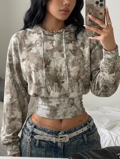 Coolane Women's Autumn Going Out Streetwear Daily Wear Casual Sportswear Cinched Waist Slim Fit Hooded Tree Branch Pattern Sweatshirt