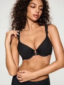 Bralution 1pc Women's Lace Trim Bra, Simple Daily Push-Up Lingerie - Black - View 3