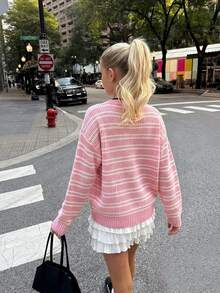 SHEIN PariChic 粉色與白色條紋拼接圓領寬鬆套頭毛衣，適合秋冬穿著 - 淺粉色 - 查看 2