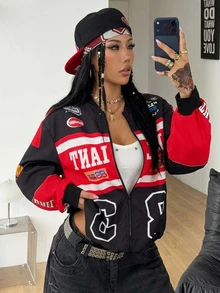 Coolane 男女款秋冬外出休閒街頭風 Ricing 賽車手圖案寬鬆賽車夾克，情侶同款，情侶裝 - 彩色 - 查看 2