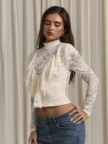 Aloruh Women's Autumn/Winter Lace Ruffle Collar Long Sleeve Top - Apricot - View 6