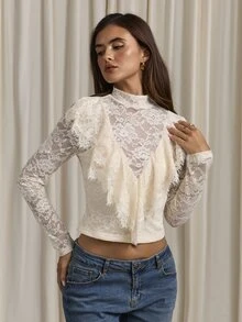Aloruh Women's Autumn/Winter Lace Ruffle Collar Long Sleeve Top - Apricot - View 5