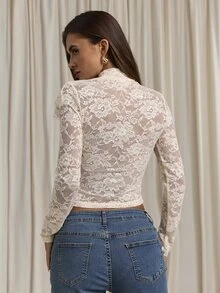 Aloruh Women's Autumn/Winter Lace Ruffle Collar Long Sleeve Top - Apricot - View 3