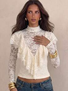 Aloruh Women's Autumn/Winter Lace Ruffle Collar Long Sleeve Top - Apricot - View 10