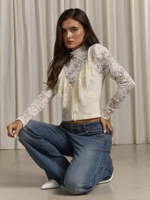 Aloruh Women's Autumn/Winter Lace Ruffle Collar Long Sleeve Top - Apricot - View 8