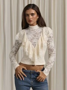 Aloruh Women's Autumn/Winter Lace Ruffle Collar Long Sleeve Top - Apricot - View 9