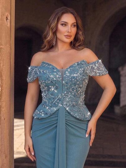 Glamrae Plus Size Elegant Luxurious Blue Beaded Sequin Floral Design Patchwork Off Shoulder Elastic Knit Ruched Mermaid Skirt, Suitable For Wedding, Party, Bachelor Party, Vacation, Dance, Evening Gala Dress (Heavy Workmanship Style)