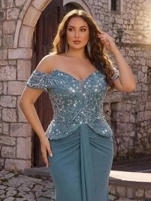 Glamrae Plus Size Elegant Luxurious Blue Beaded Sequin Floral Design Patchwork Off Shoulder Elastic Knit Ruched Mermaid Skirt, Suitable For Wedding, Party, Bachelor Party, Vacation, Dance, Evening Gala Dress (Heavy Workmanship Style) - Blue - View 5