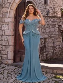 Glamrae Plus Size Elegant Luxurious Blue Beaded Sequin Floral Design Patchwork Off Shoulder Elastic Knit Ruched Mermaid Skirt, Suitable For Wedding, Party, Bachelor Party, Vacation, Dance, Evening Gala Dress (Heavy Workmanship Style) - Blue - View 6