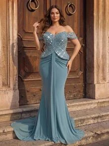 Glamrae Plus Size Elegant Luxurious Blue Beaded Sequin Floral Design Patchwork Off Shoulder Elastic Knit Ruched Mermaid Skirt, Suitable For Wedding, Party, Bachelor Party, Vacation, Dance, Evening Gala Dress (Heavy Workmanship Style) - Blue - View 7