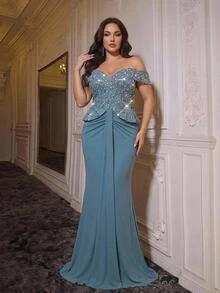 Glamrae Plus Size Elegant Luxurious Blue Beaded Sequin Floral Design Patchwork Off Shoulder Elastic Knit Ruched Mermaid Skirt, Suitable For Wedding, Party, Bachelor Party, Vacation, Dance, Evening Gala Dress (Heavy Workmanship Style) - Blue - View 2