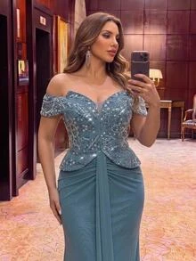 Glamrae Plus Size Elegant Luxurious Blue Beaded Sequin Floral Design Patchwork Off Shoulder Elastic Knit Ruched Mermaid Skirt, Suitable For Wedding, Party, Bachelor Party, Vacation, Dance, Evening Gala Dress (Heavy Workmanship Style) - Blue - View 1
