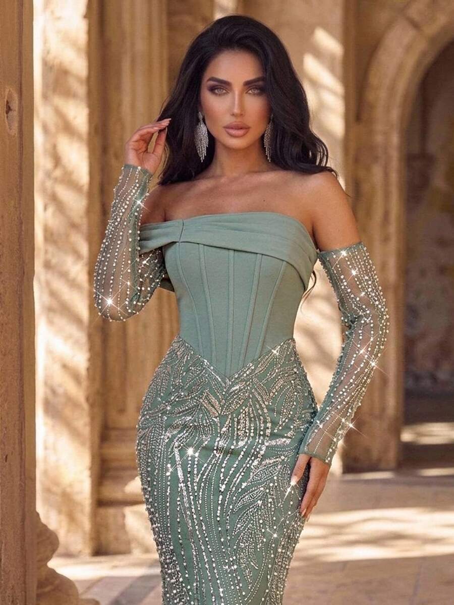 Glamrae Elegant Sage Green Luxury 3D Sequin Patchwork Elastic Knit Off ...