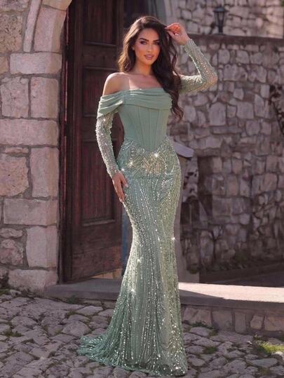 Aureia Elegant Gray-Green Luxury 3D Sequin Patchwork Elastic Knit Off-Shoulder Sheer Long Sleeve Sequin Mermaid Skirt, Suitable For Dates, Vacations, Bachelor Parties, Weddings, All Formal Occasions, Women's Evening Gown