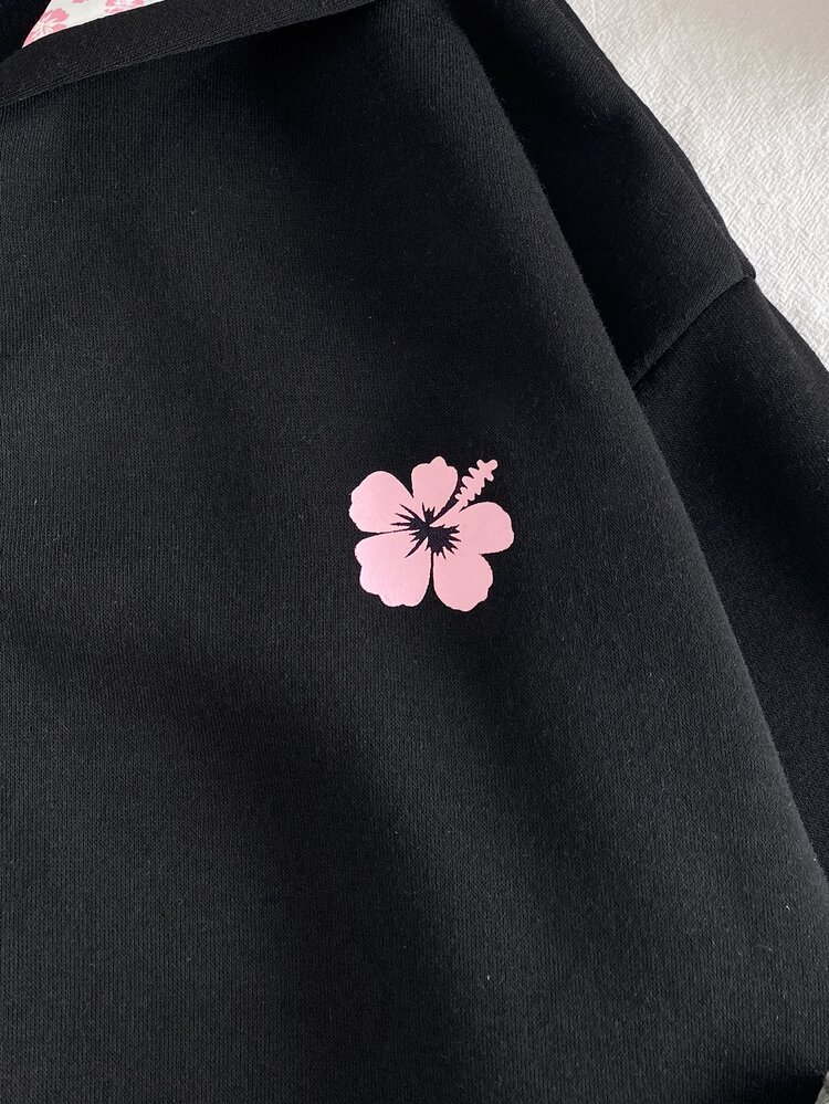 Teen Girl Fall Clothes Fall 3pcs Floral Print Zip Up Sweatshirt, Holiday Outfits, Casual, Comfortable, Daily - Black - View 5