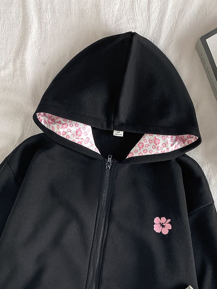 Teen Girl Fall Clothes Fall 3pcs Floral Print Zip Up Sweatshirt, Holiday Outfits, Casual, Comfortable, Daily - Black - View 4