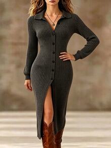 Balvessa Women's Solid Color Long Sleeve Single-Breasted Long Knit Cardigan - Dark Grey - View 6