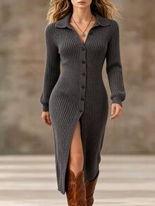 Balvessa Women's Solid Color Long Sleeve Single-Breasted Long Knit Cardigan - Dark Grey - View 7