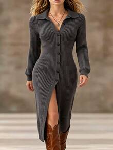 Balvessa Women's Solid Color Long Sleeve Single-Breasted Long Knit Cardigan - Dark Grey - View 4