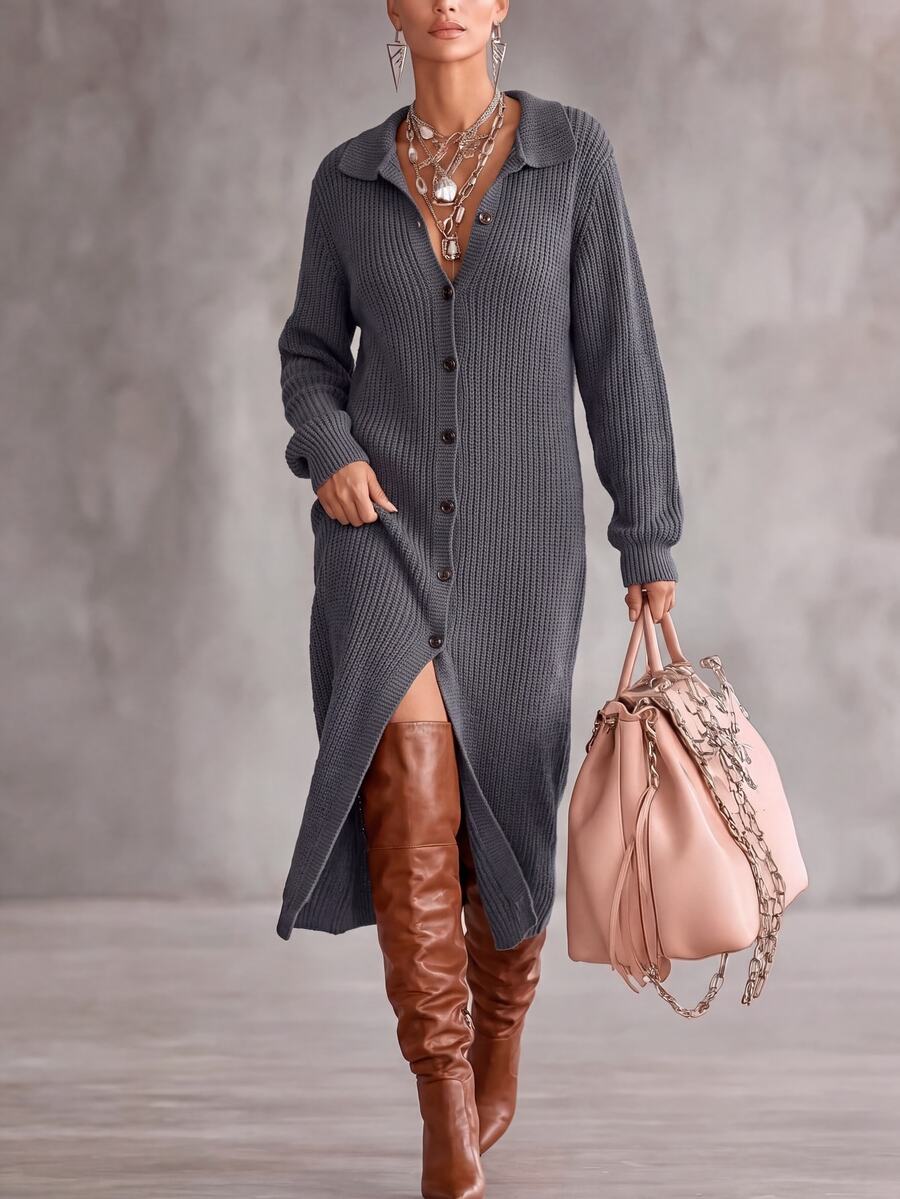 Balvessa Women's Solid Color Long Sleeve Single-Breasted Long Knit Cardigan