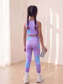 SHEIN 2件套女童扎染印花吊带背心和紧身裤瑜伽套装，柔软亲肤 - 彩色 - 查看 2