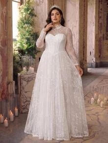 Glamrae Plus Size Elegant Formal Romantic White 3D Puff Sleeve Mesh Handmade Applique Lace Embroidered Patchwork Satin A-Line Skirt Sexy Wedding Fall - White - View 5