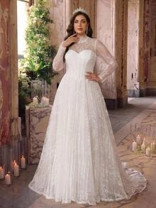 Glamrae Plus Size Elegant Formal Romantic White 3D Puff Sleeve Mesh Handmade Applique Lace Embroidered Patchwork Satin A-Line Skirt Sexy Wedding Fall - White - View 6