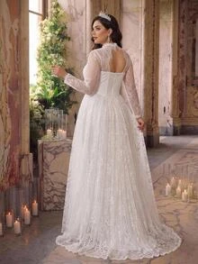 Glamrae Plus Size Elegant Formal Romantic White 3D Puff Sleeve Mesh Handmade Applique Lace Embroidered Patchwork Satin A-Line Skirt Sexy Wedding Fall - White - View 3