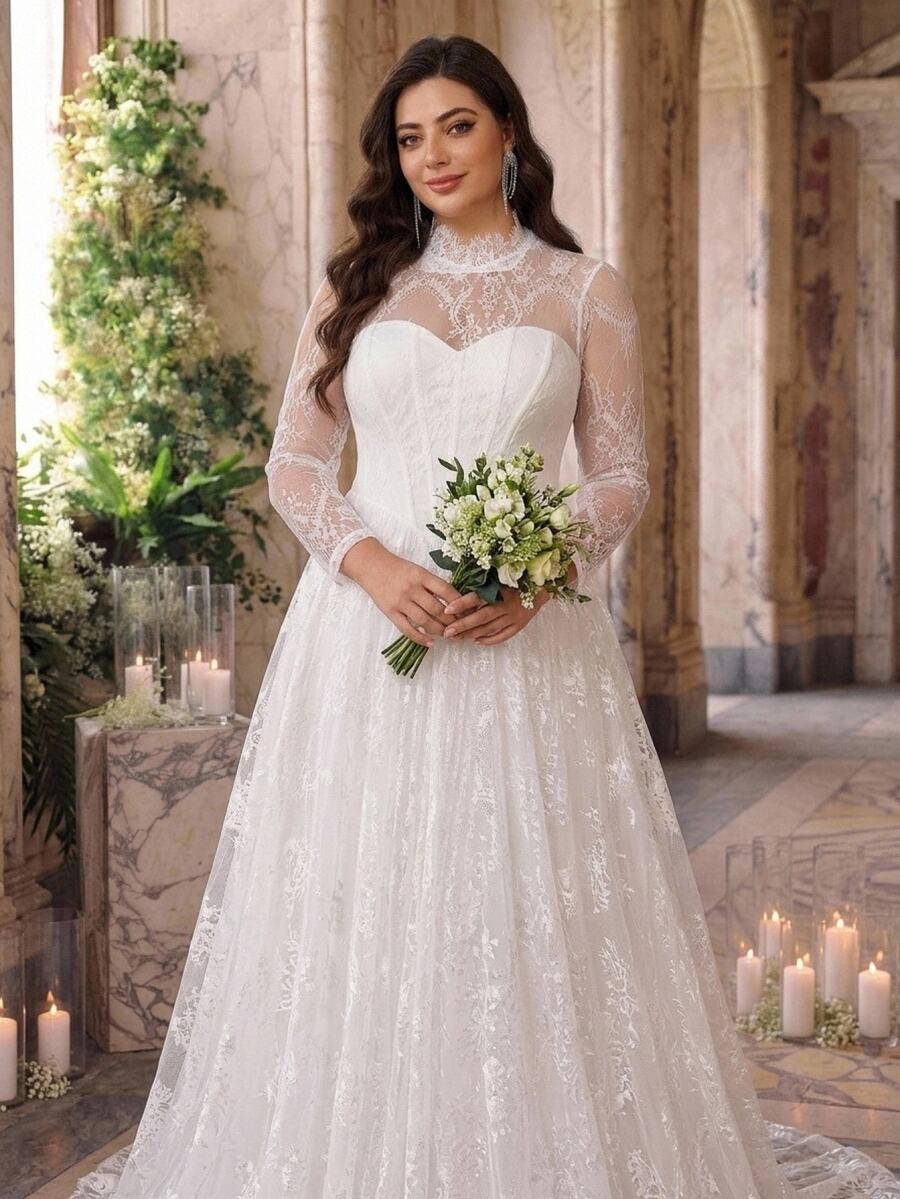 Glamrae Plus Size Elegant Formal Romantic White 3D Puff Sleeve Mesh Handmade Applique Lace Embroidered Patchwork Satin A-Line Skirt Sexy Wedding Fall - White - View 1