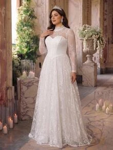 Glamrae Plus Size Elegant Formal Romantic White 3D Puff Sleeve Mesh Handmade Applique Lace Embroidered Patchwork Satin A-Line Skirt Sexy Wedding Fall - White - View 8