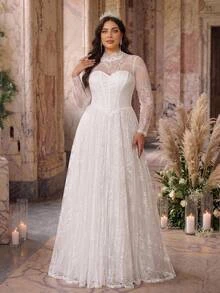 Glamrae Plus Size Elegant Formal Romantic White 3D Puff Sleeve Mesh Handmade Applique Lace Embroidered Patchwork Satin A-Line Skirt Sexy Wedding Fall - White - View 7