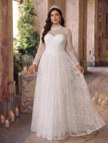 Glamrae Plus Size Elegant Formal Romantic White 3D Puff Sleeve Mesh Handmade Applique Lace Embroidered Patchwork Satin A-Line Skirt Sexy Wedding Fall - White - View 2