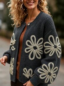 Holdful Holdful Women's 3D Floral Pattern Casual Daily Cardigan - Grey - View 5